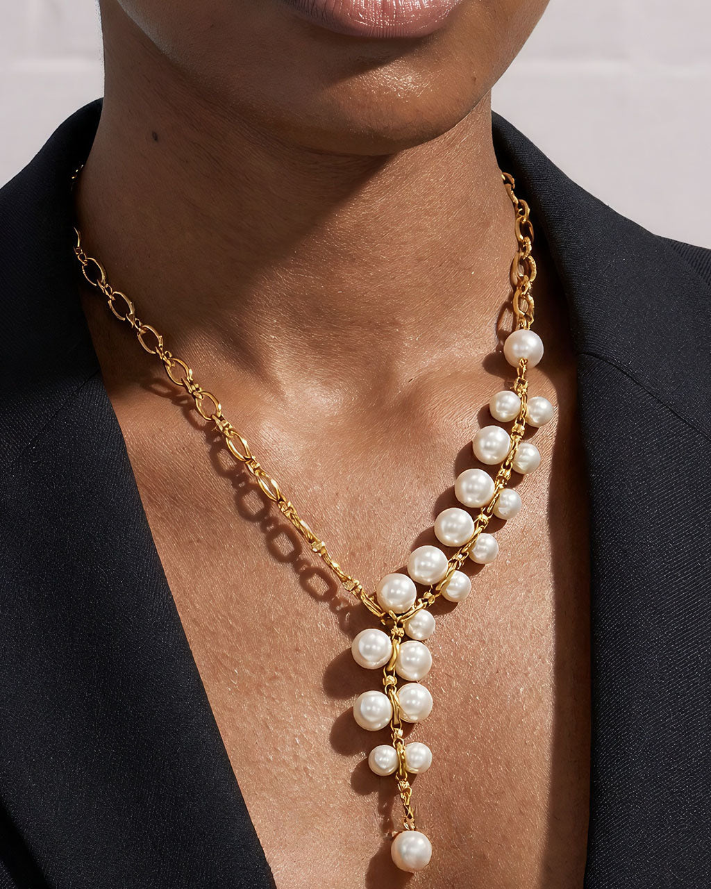 Asymmetric Pearl Cascade Y Waterproof Gold Necklace