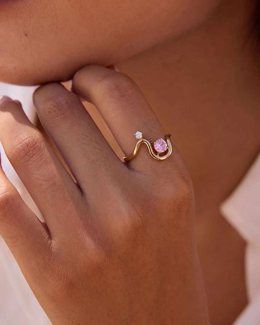 Asymmetric Two Tone Stone Wave Waterproof Gold Ring
