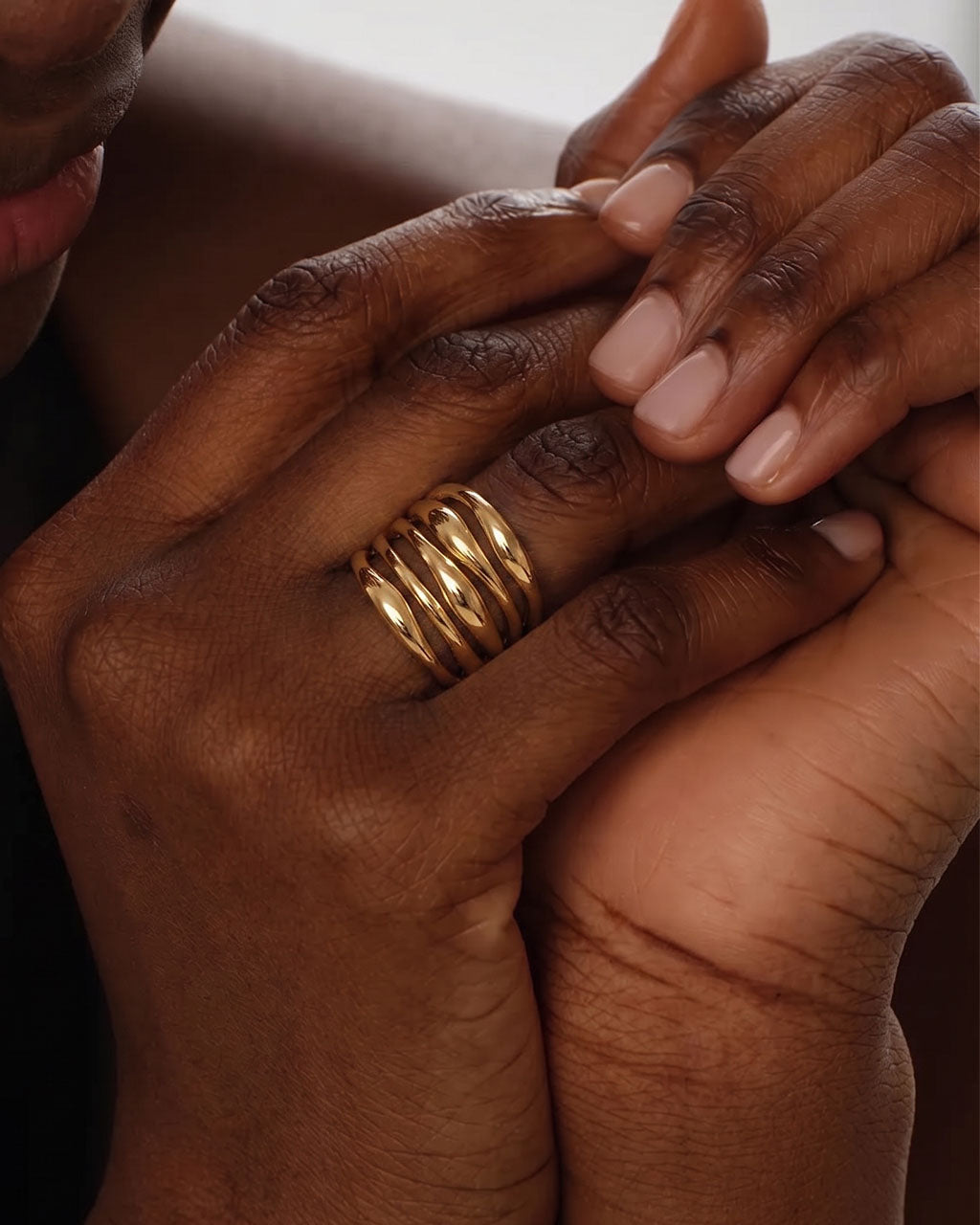 Asymmetrical Layered Multi Band Waterproof Gold Ring