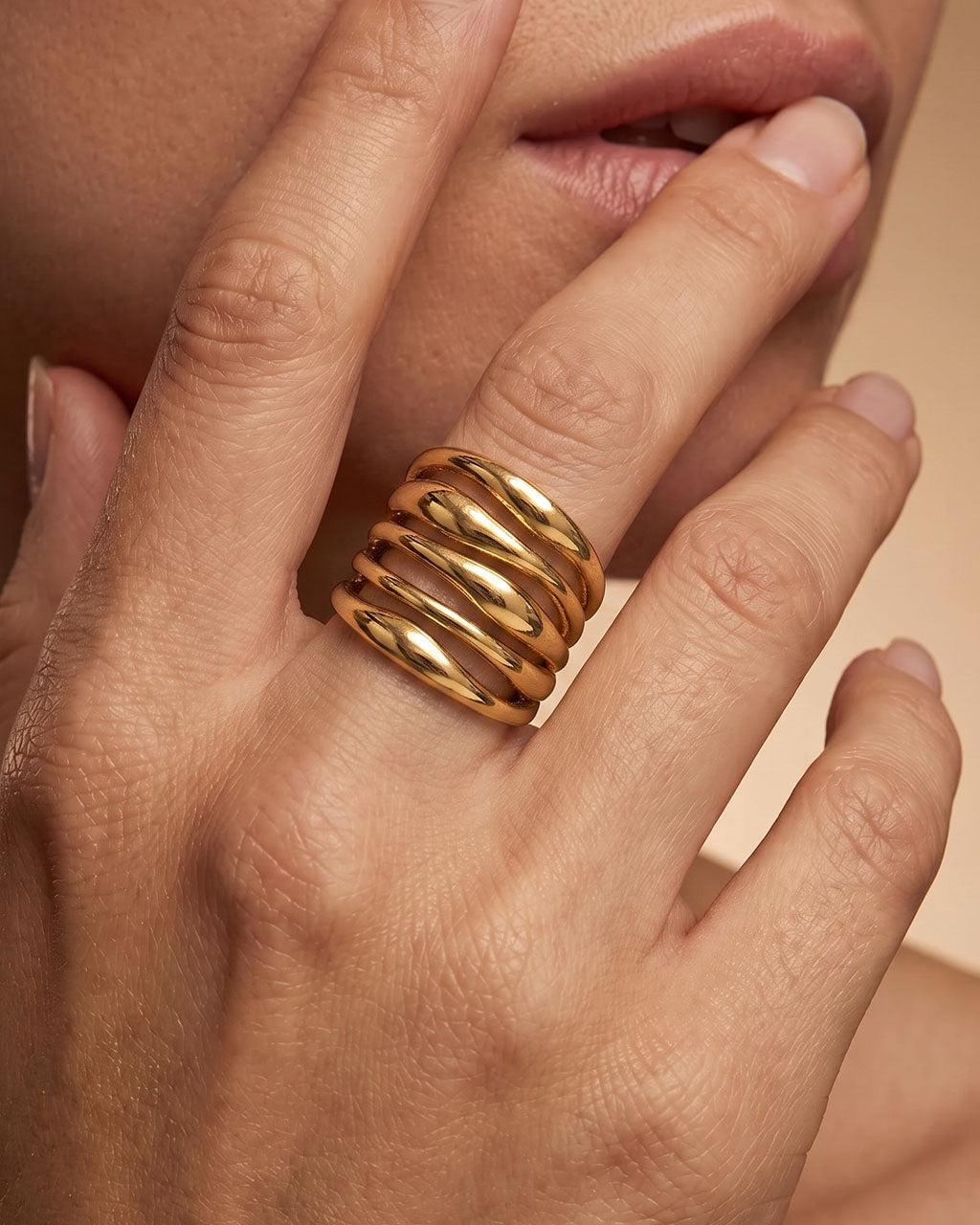 Asymmetrical Layered Multi Band Waterproof Gold Ring
