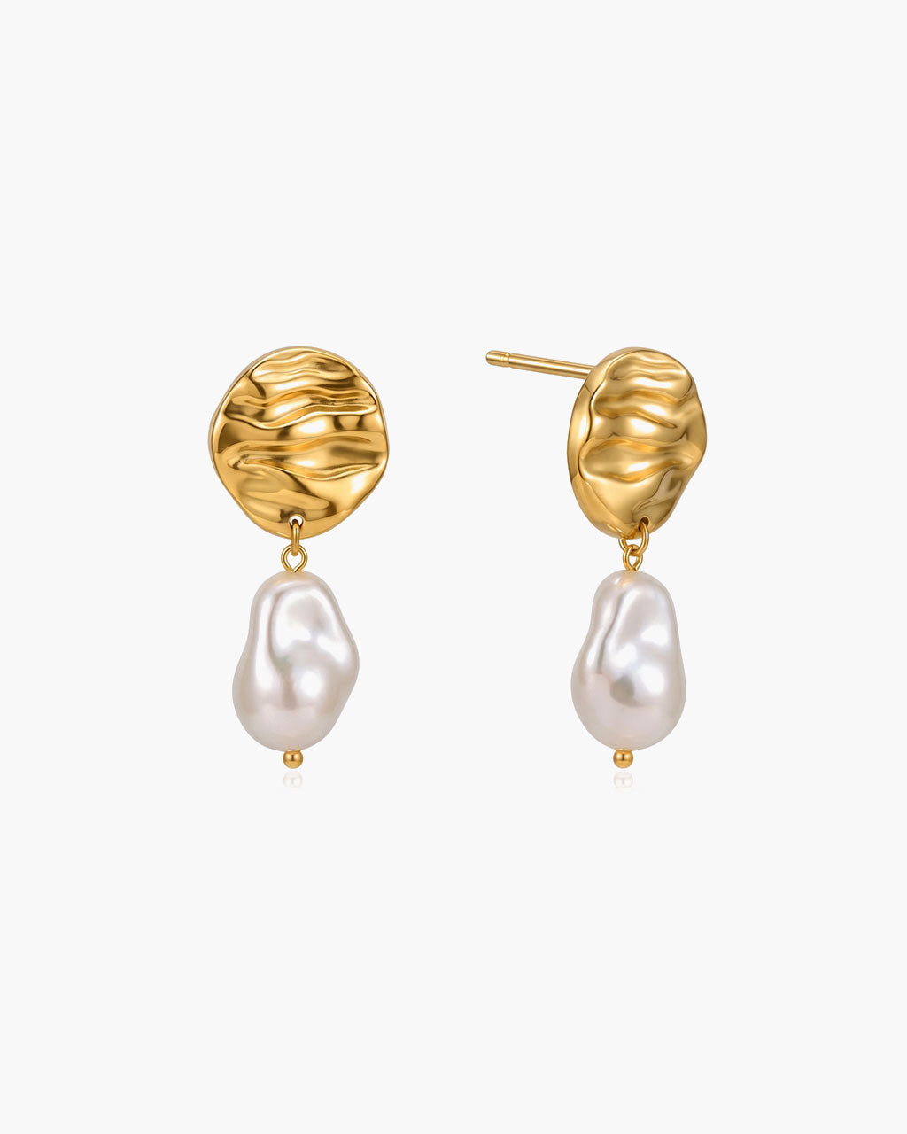 Baroque Pearl Ripple Disc Drop Waterproof Gold Earrings