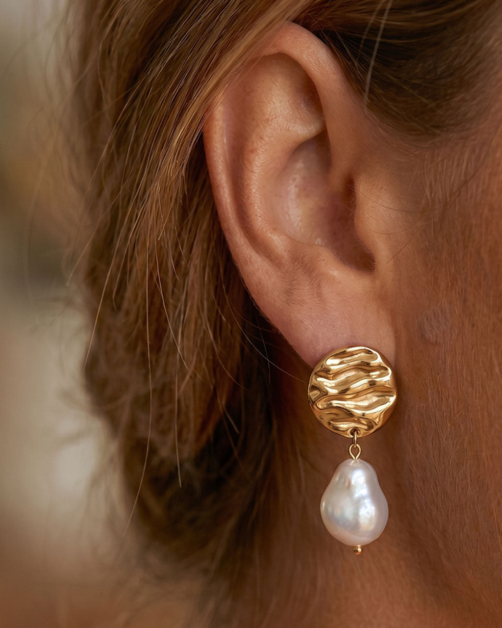 Baroque Pearl Ripple Disc Drop Waterproof Gold Earrings