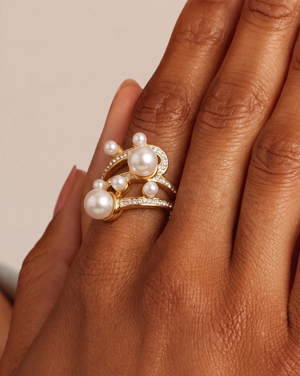 Baroque Pearl Simulated Diamond Waterproof Gold Ring