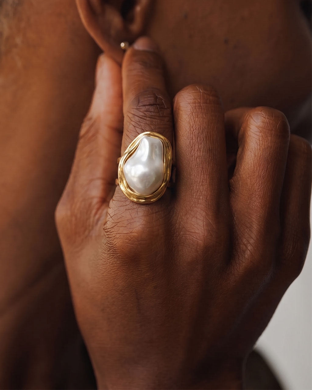 Baroque Pearl Statement Open Waterproof Gold Ring