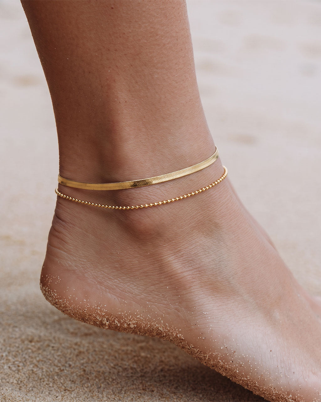 Beaded Herringbone Double Layered Waterproof Gold Anklet