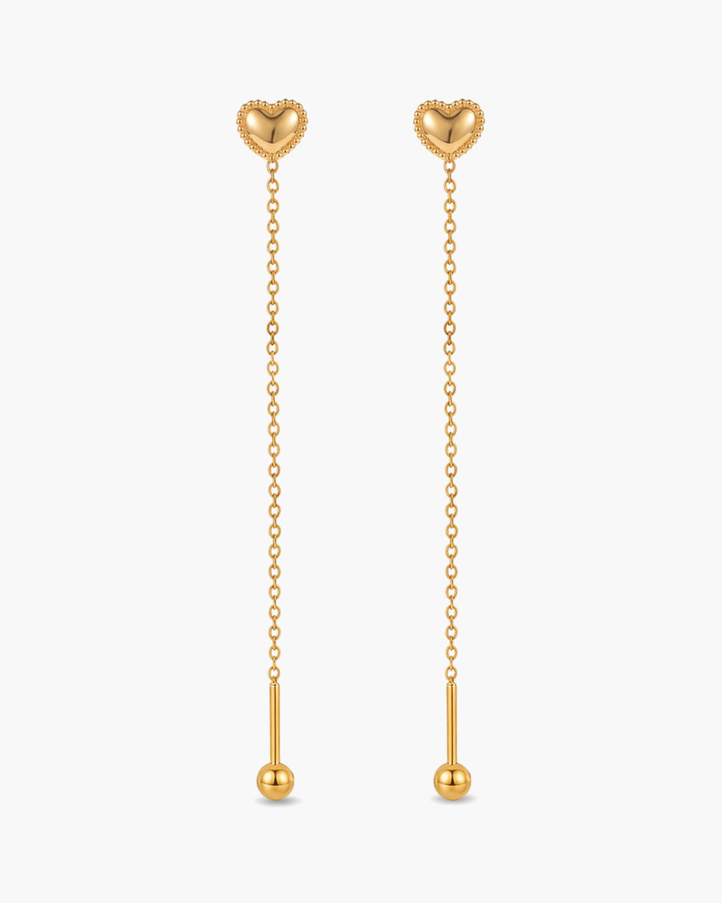 Beaded Puffy Heart Threader Waterproof Gold Earrings