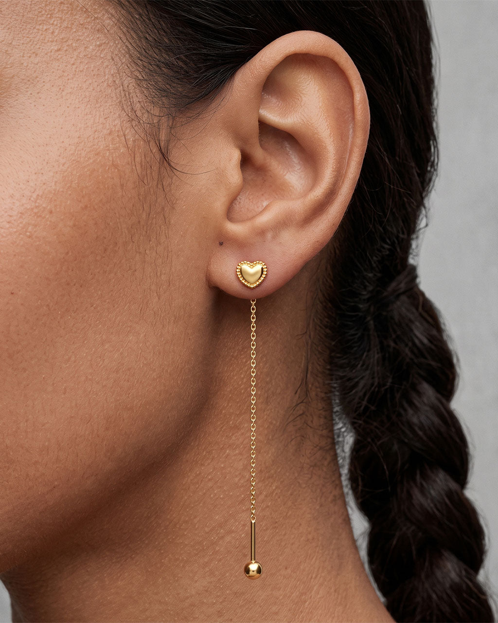 Beaded Puffy Heart Threader Waterproof Gold Earrings
