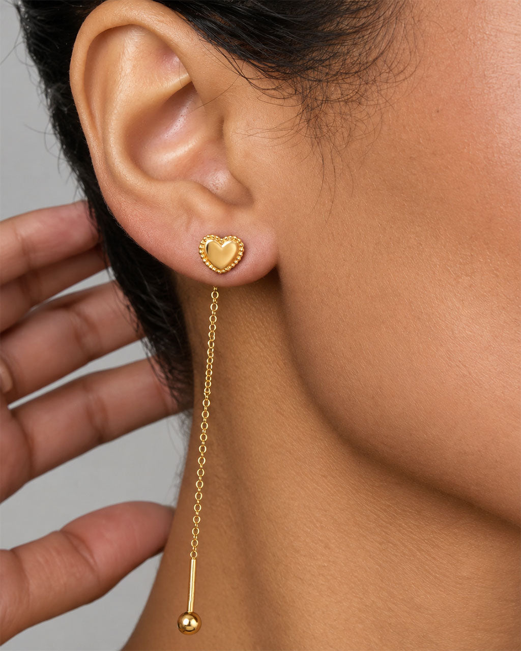 Beaded Puffy Heart Threader Waterproof Gold Earrings