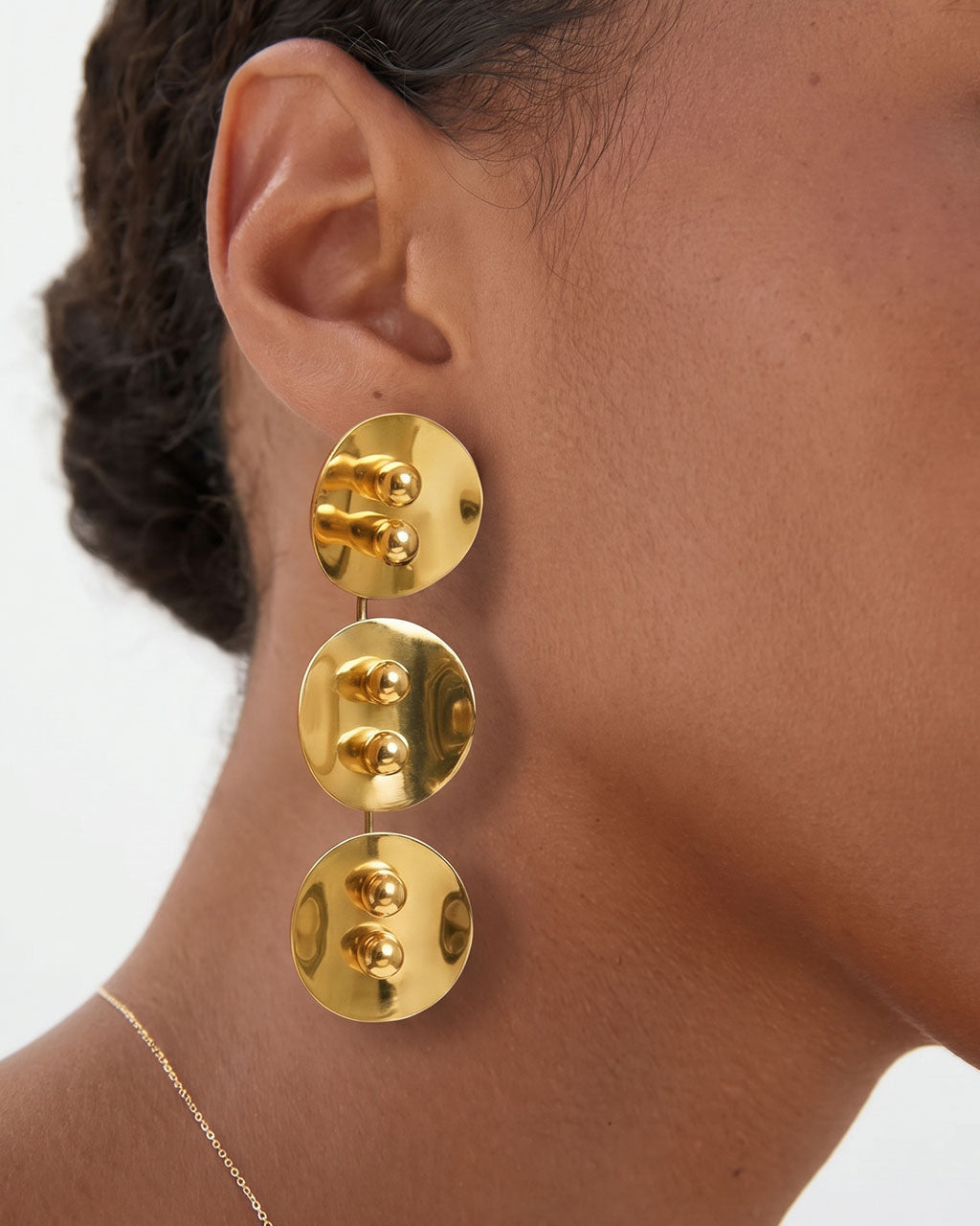 Beaded Triple Disc Statement Waterproof Gold Earrings