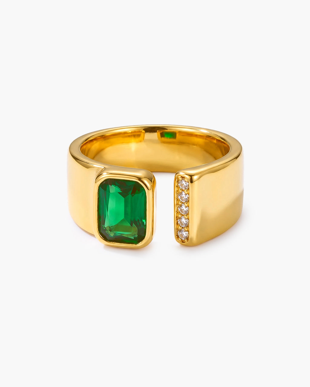 Bezel Emerald Pavé Stone Open Wide Waterproof Gold Ring