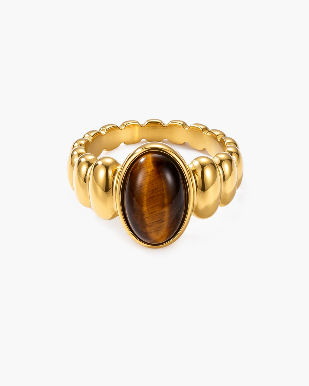 Bezel Oval Cabochon Ripple Band Waterproof Gold Ring