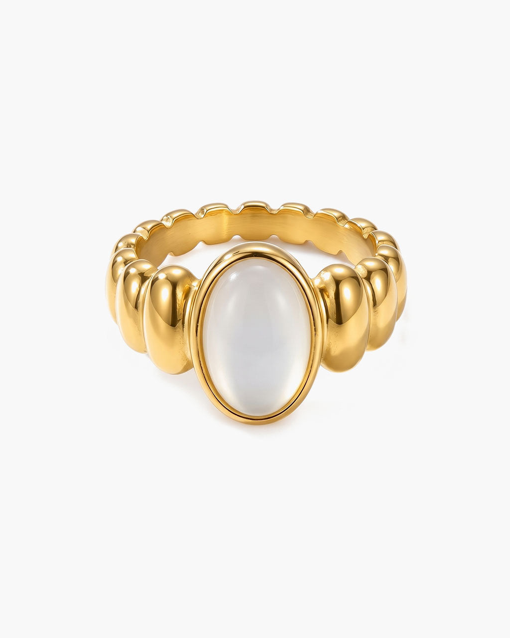 Bezel Oval Cabochon Ripple Band Waterproof Gold Ring