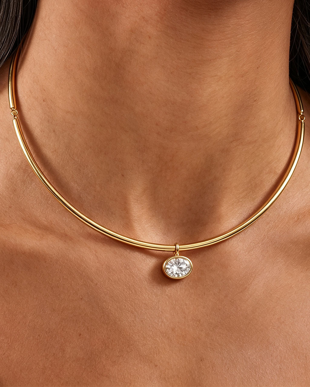 Bezel Oval Solitaire Choker Waterproof Gold Necklace
