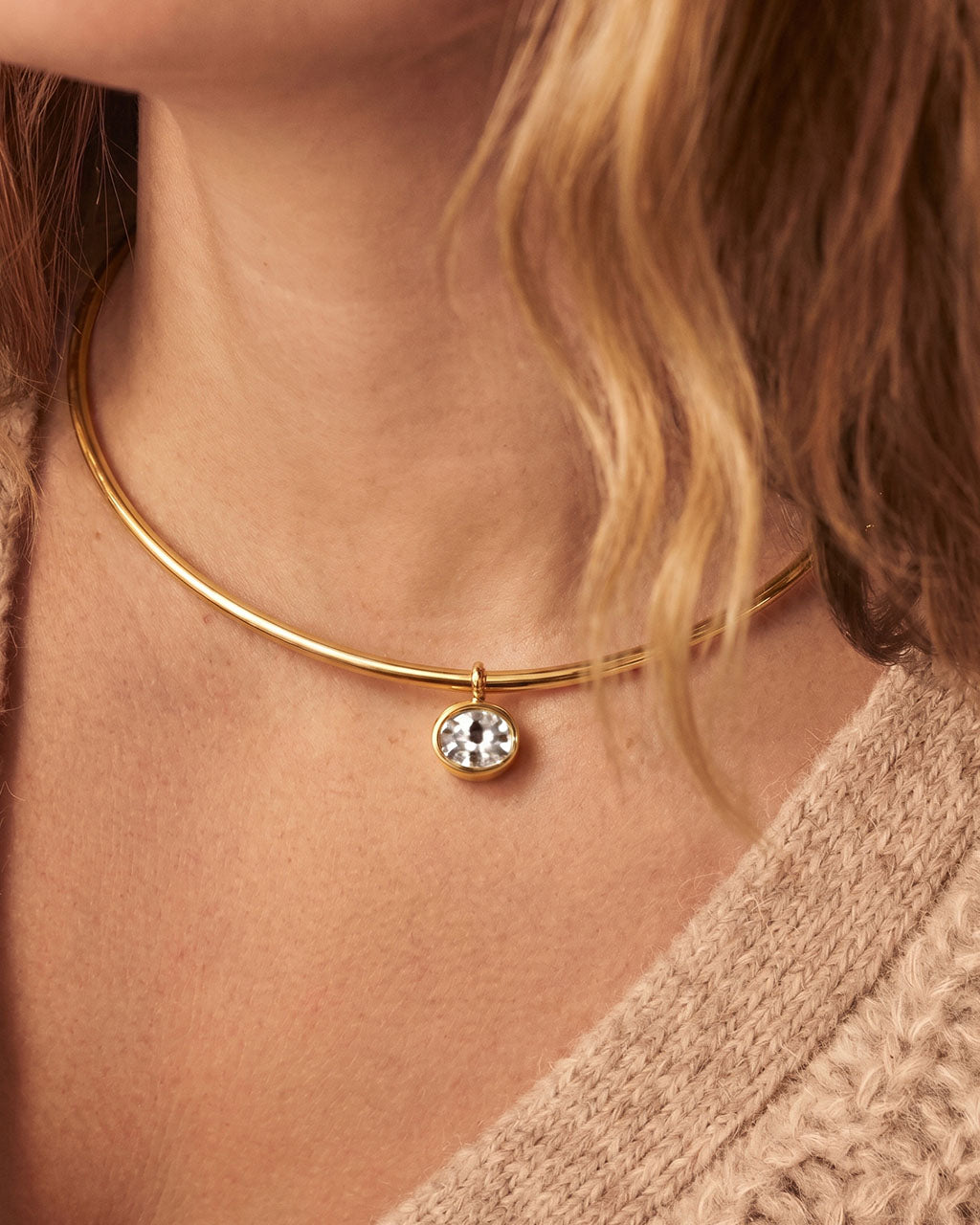 Bezel Oval Solitaire Choker Waterproof Gold Necklace