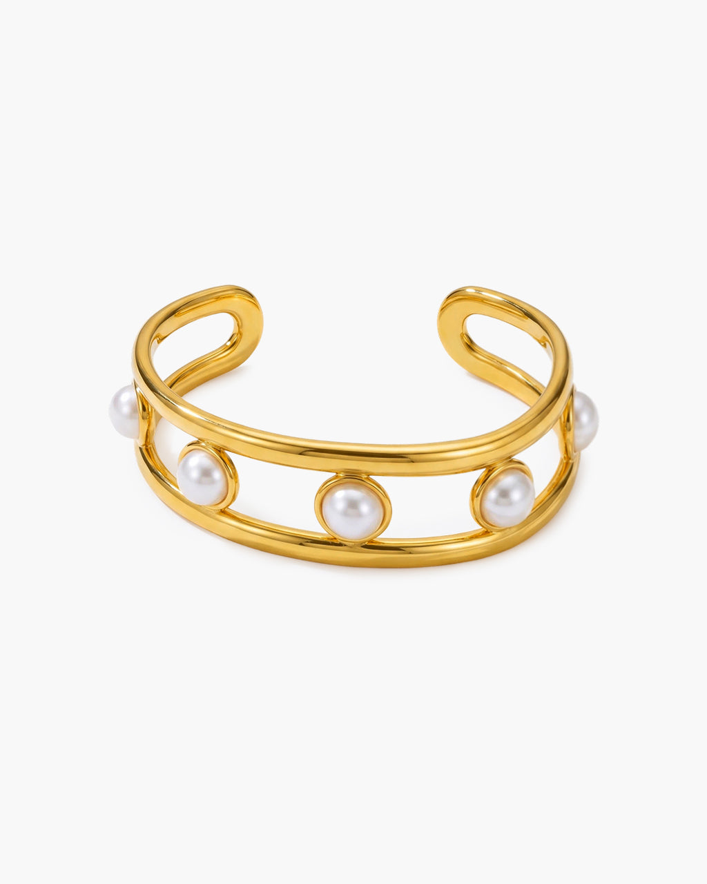 Bezel Pearl Double Band Cuff Waterproof Gold Bangle