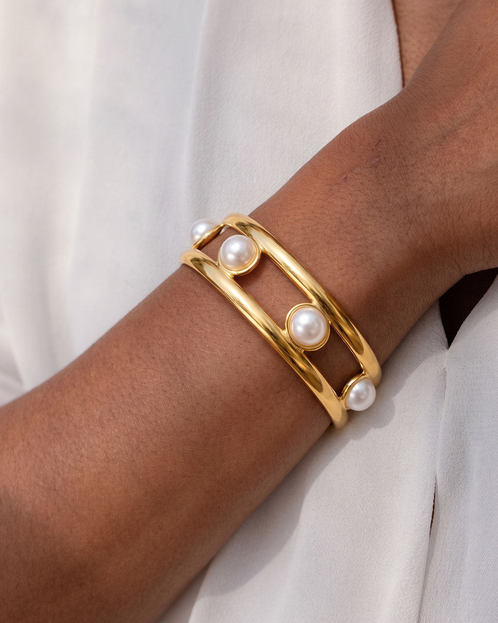 Bezel Pearl Double Band Cuff Waterproof Gold Bangle