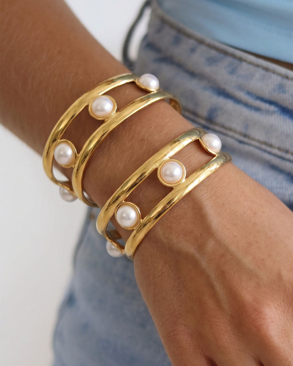 Bezel Pearl Double Band Cuff Waterproof Gold Bangle