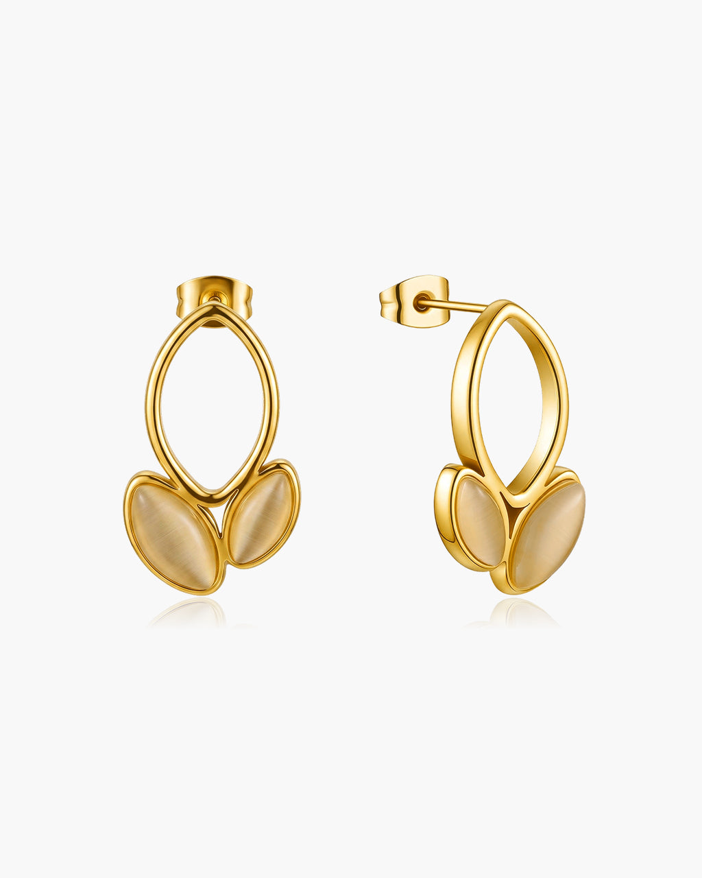 Bezel Set Cat Eye Leaf Stud Waterproof Gold Earrings