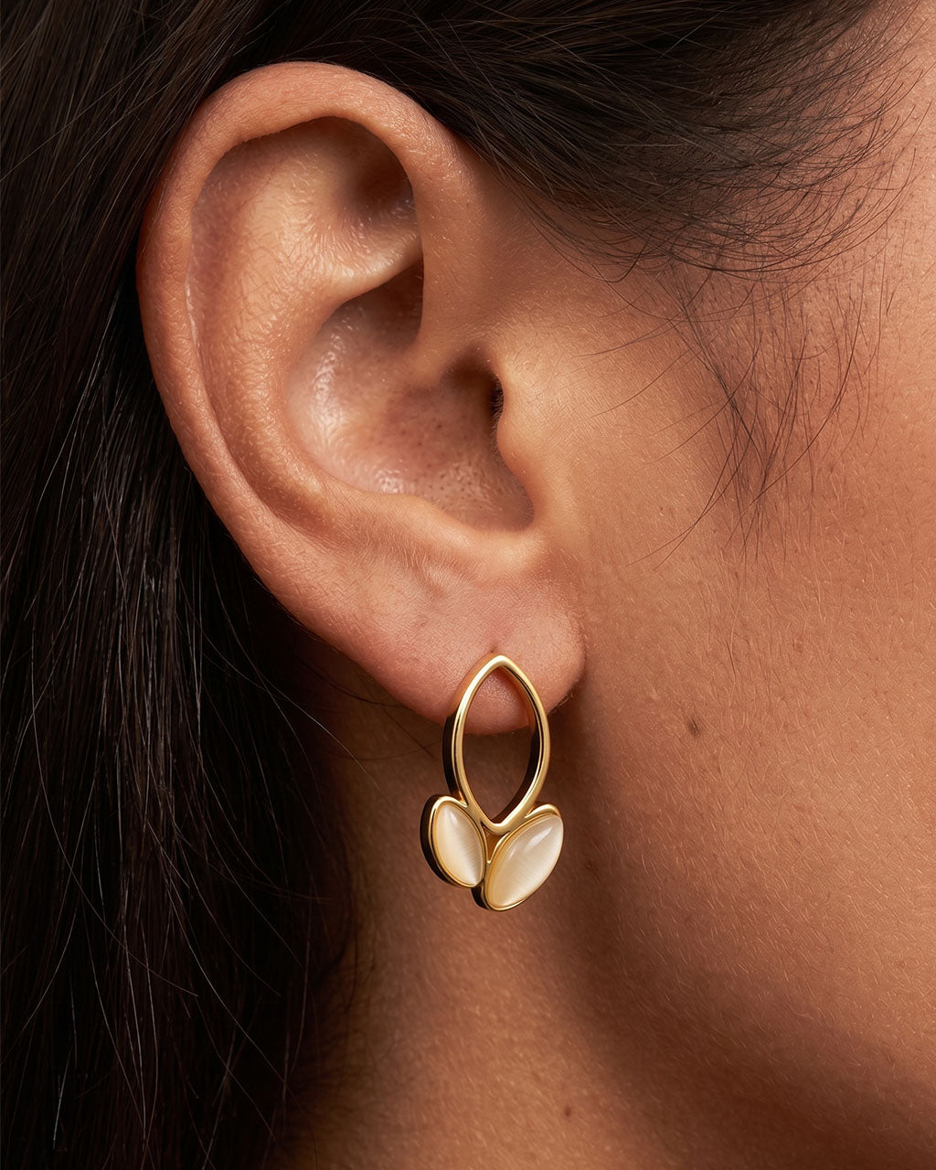 Bezel Set Cat Eye Leaf Stud Waterproof Gold Earrings