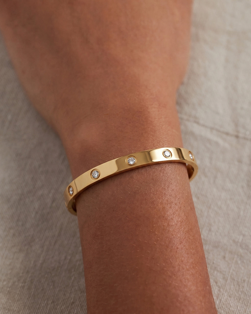 Bezel Set Simulated Diamond Waterproof Gold Bangle
