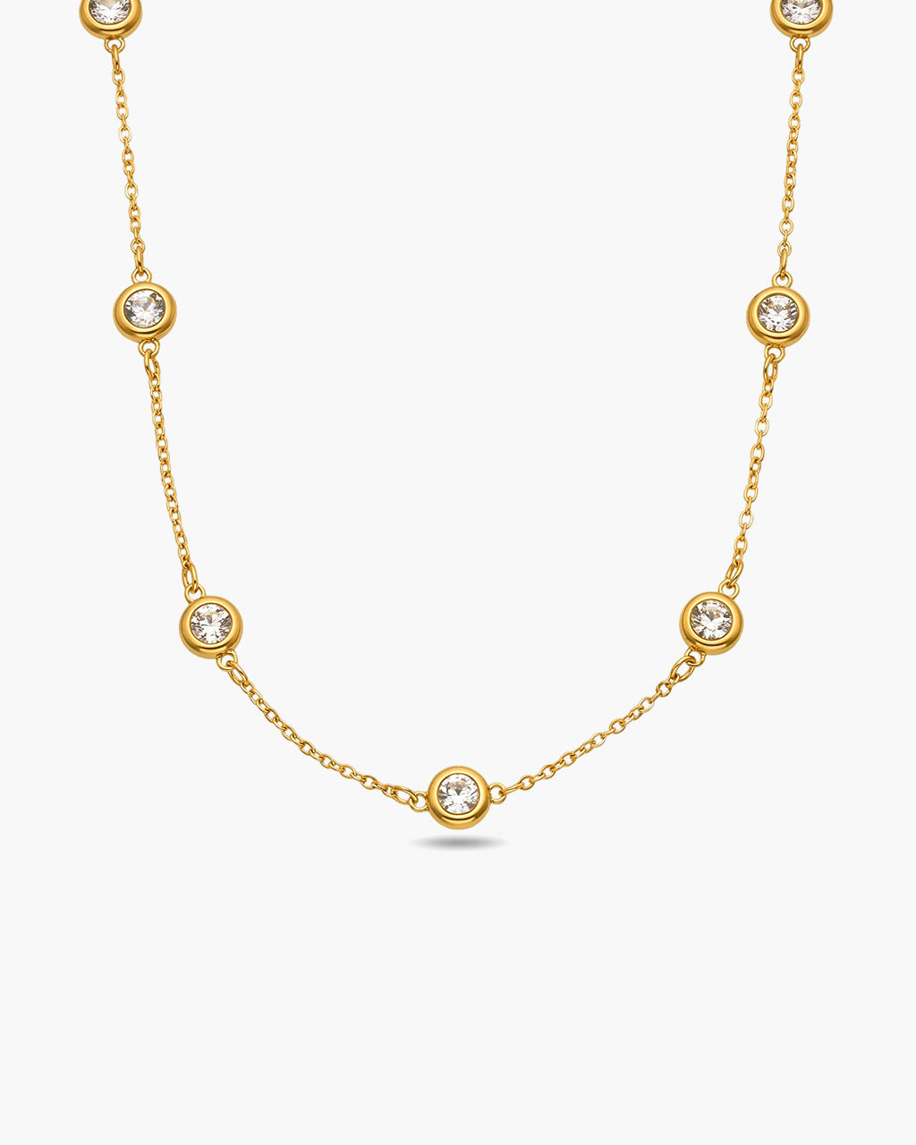 Bezel Set Sparkle Station Waterproof Gold Necklace