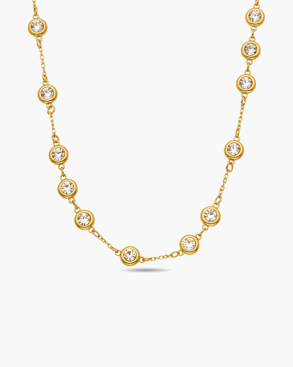Bezel Set Sparkle Station Waterproof Gold Necklace