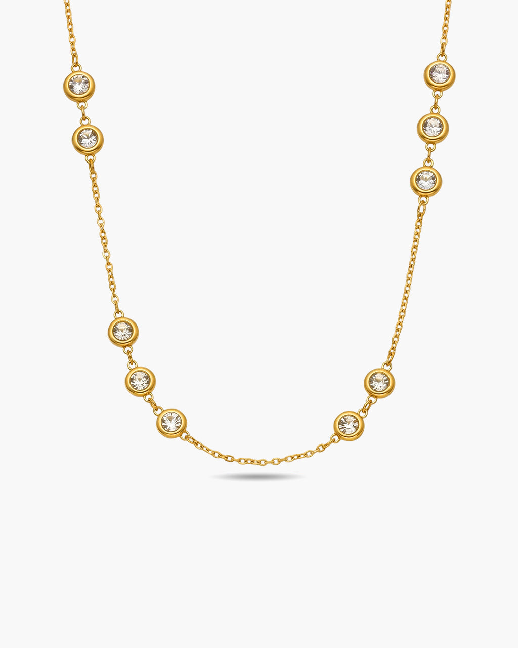 Bezel Set Sparkle Station Waterproof Gold Necklace