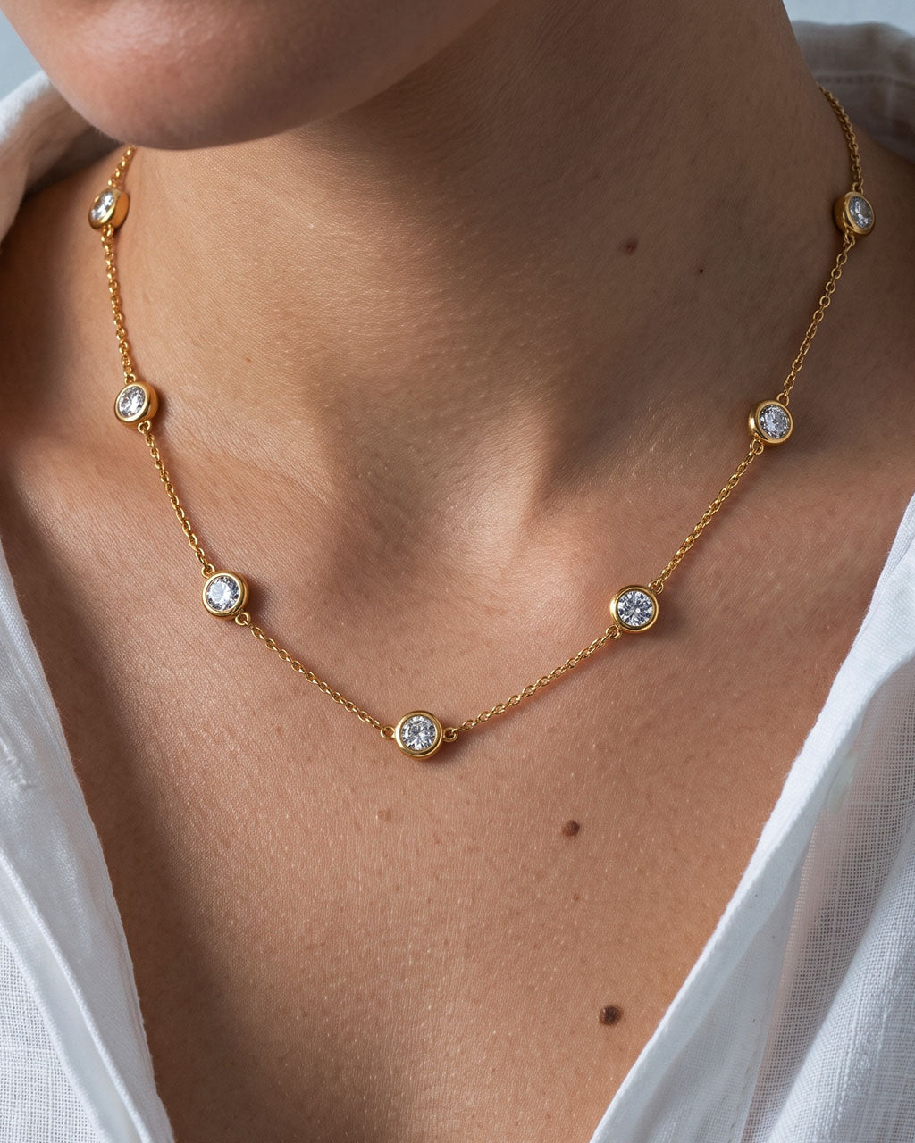 Bezel Set Sparkle Station Waterproof Gold Necklace