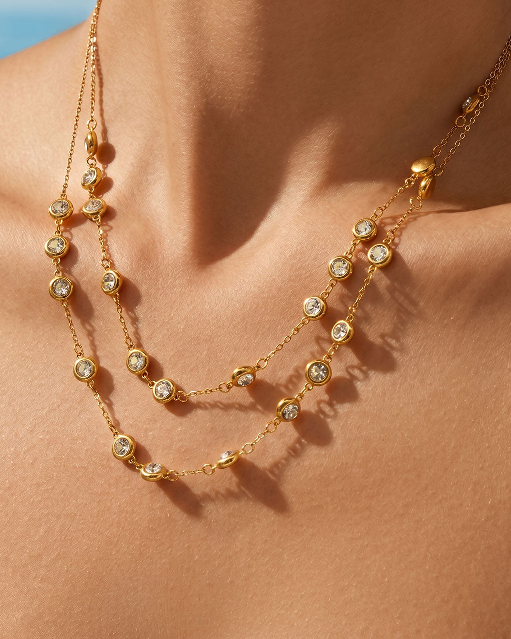 Bezel Set Sparkle Station Waterproof Gold Necklace