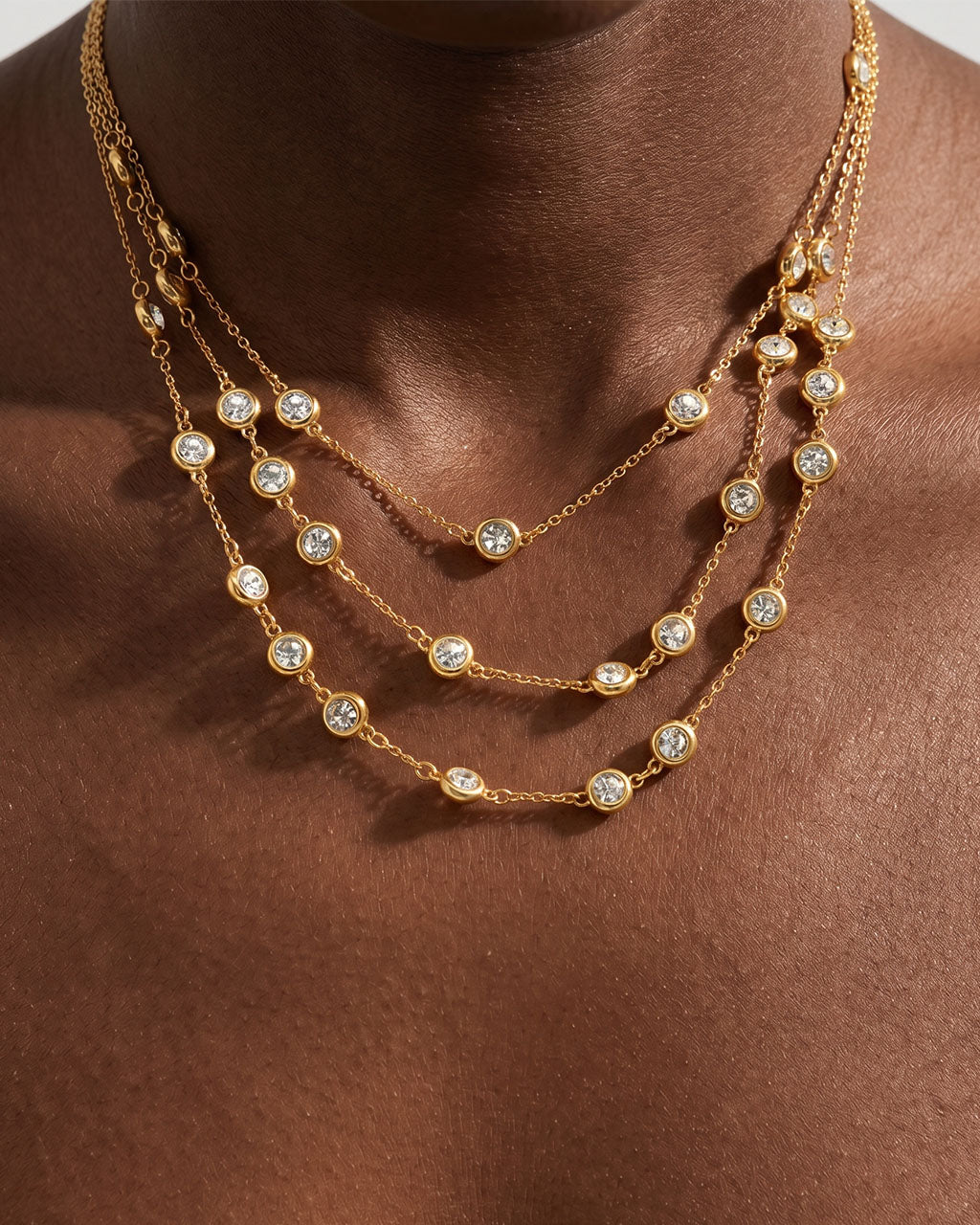 Bezel Set Sparkle Station Waterproof Gold Necklace