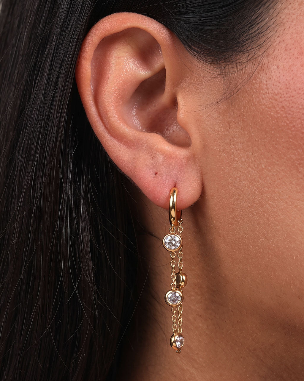 Bezel Stone Chain Drop Huggie Waterproof Gold Earrings