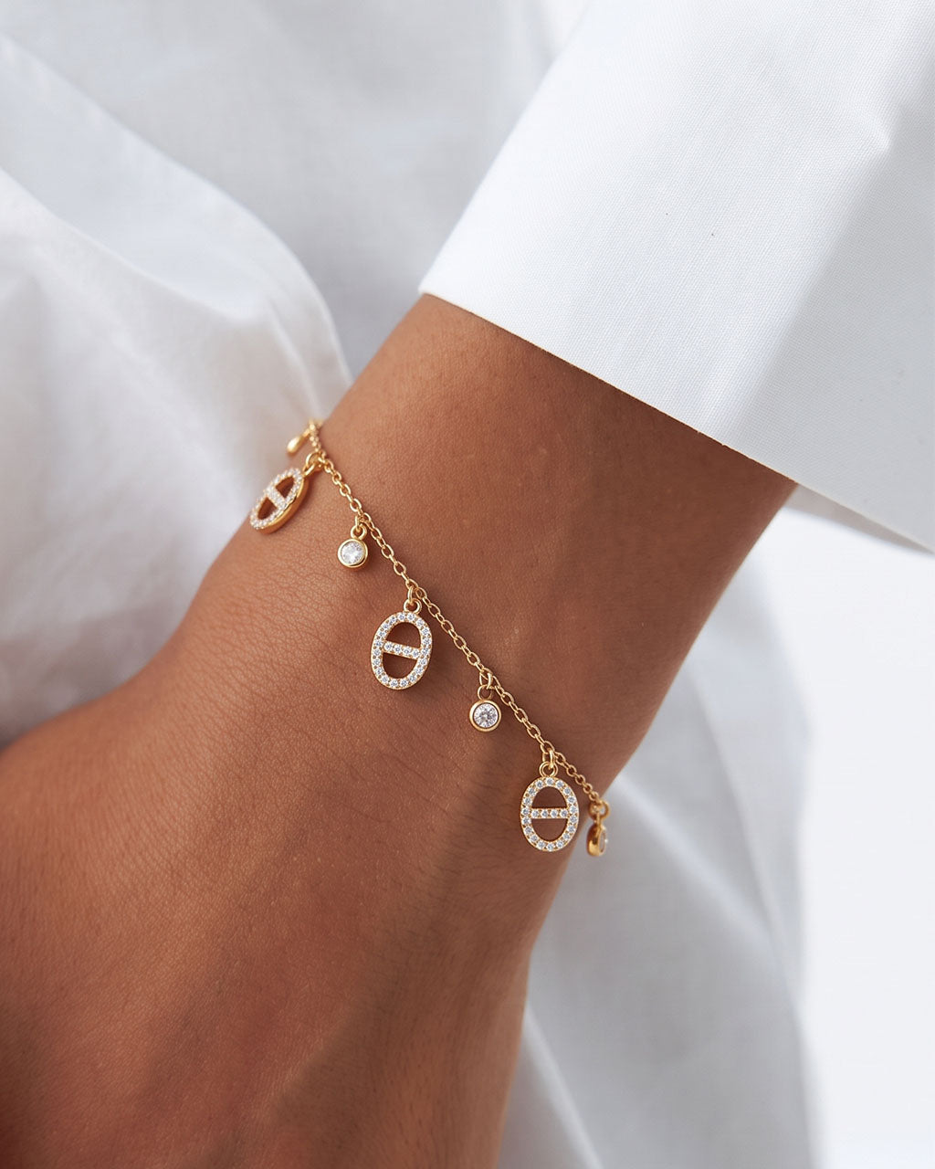 Bezel Stone Mariner Charm Waterproof Gold Bracelet