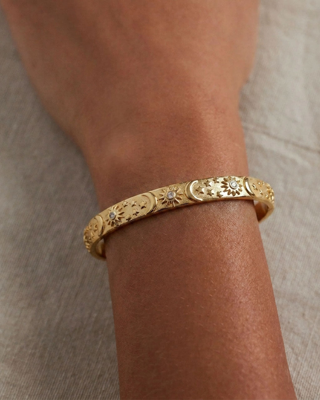 Bezel Stone Sun Moon Star Cuff Waterproof Gold Bangle