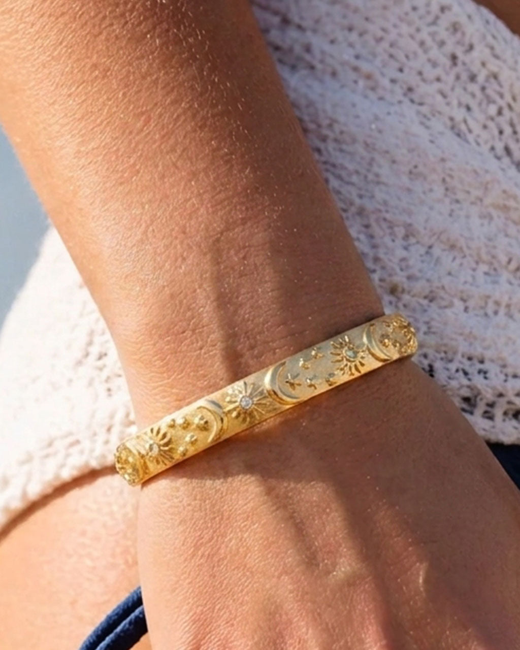 Bezel Stone Sun Moon Star Cuff Waterproof Gold Bangle