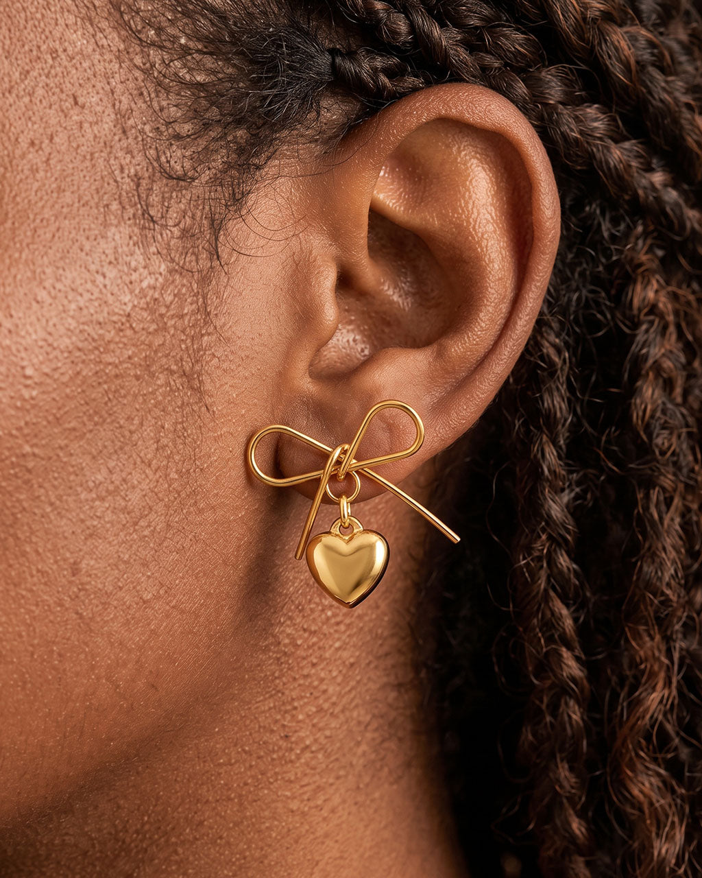 Big Bow & Puffy Heart Drop Waterproof Gold Earrings