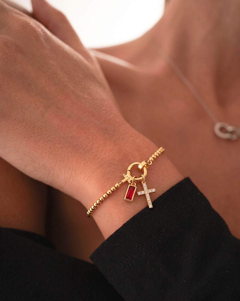 Birthstone Cross Waterproof Gold Beaded Bracelet