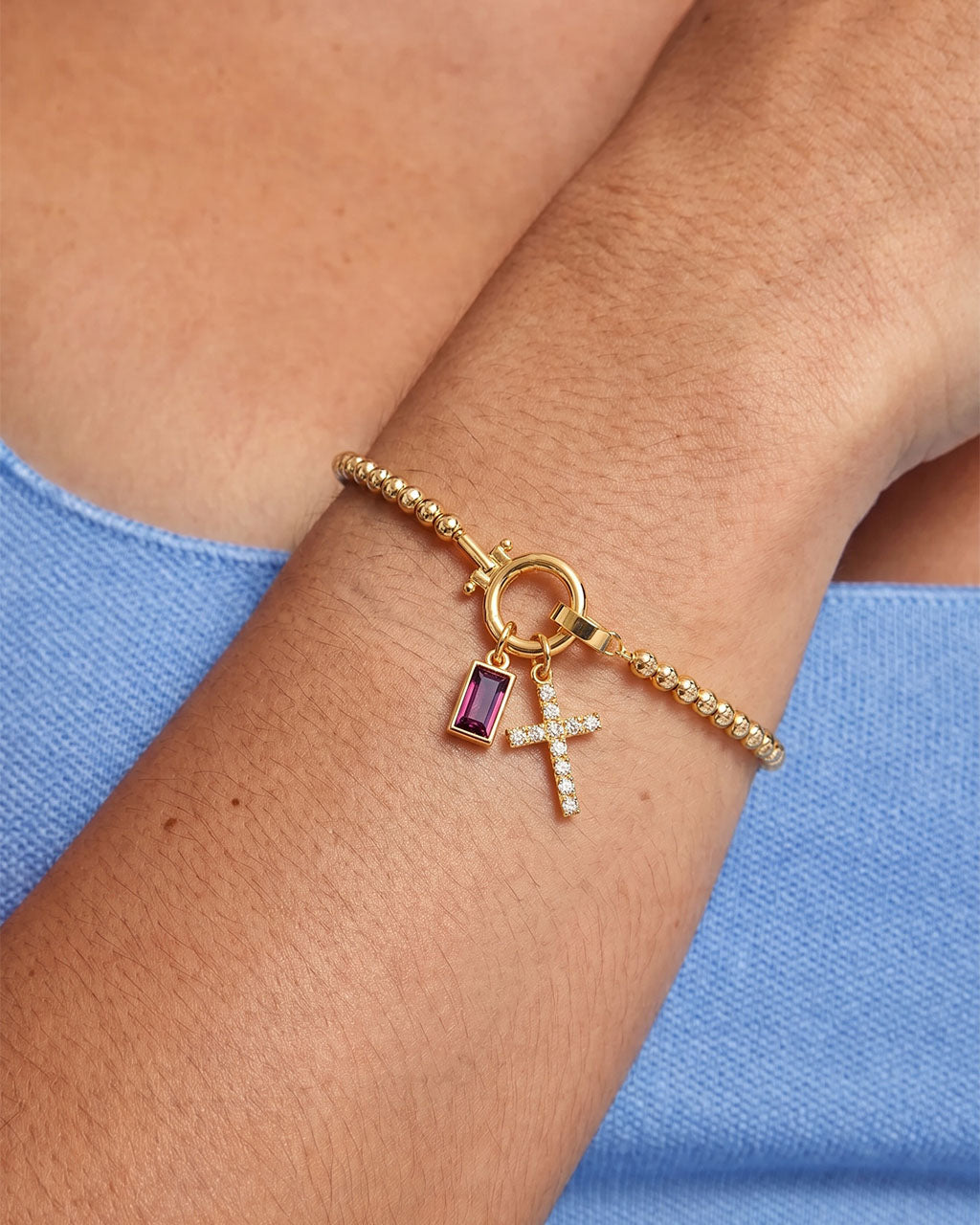 Birthstone Cross Waterproof Gold Beaded Bracelet