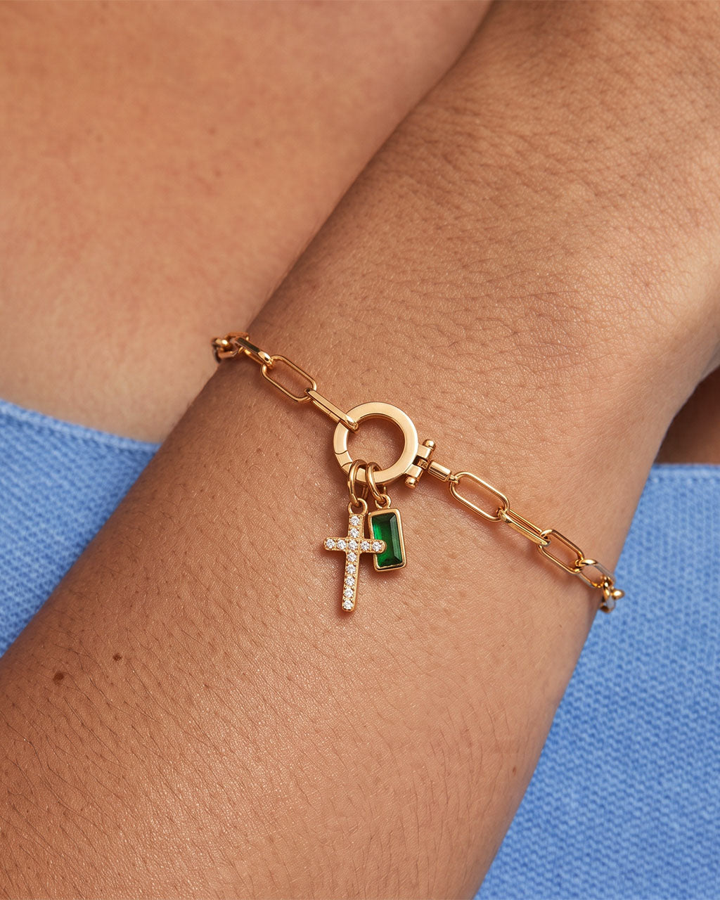 Birthstone Cross Waterproof Gold Paperclip Bracelet