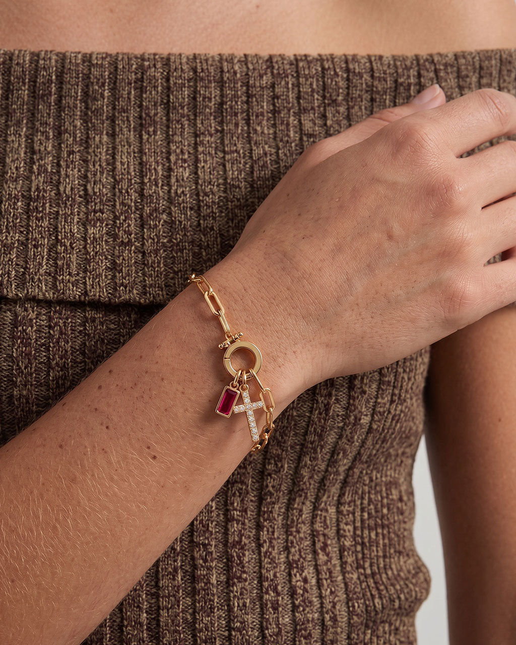 Birthstone Cross Waterproof Gold Paperclip Bracelet