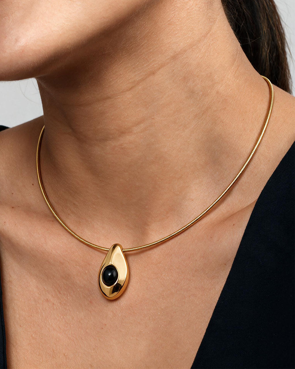 Black Onyx Snake Herringbone Waterproof Gold Necklace