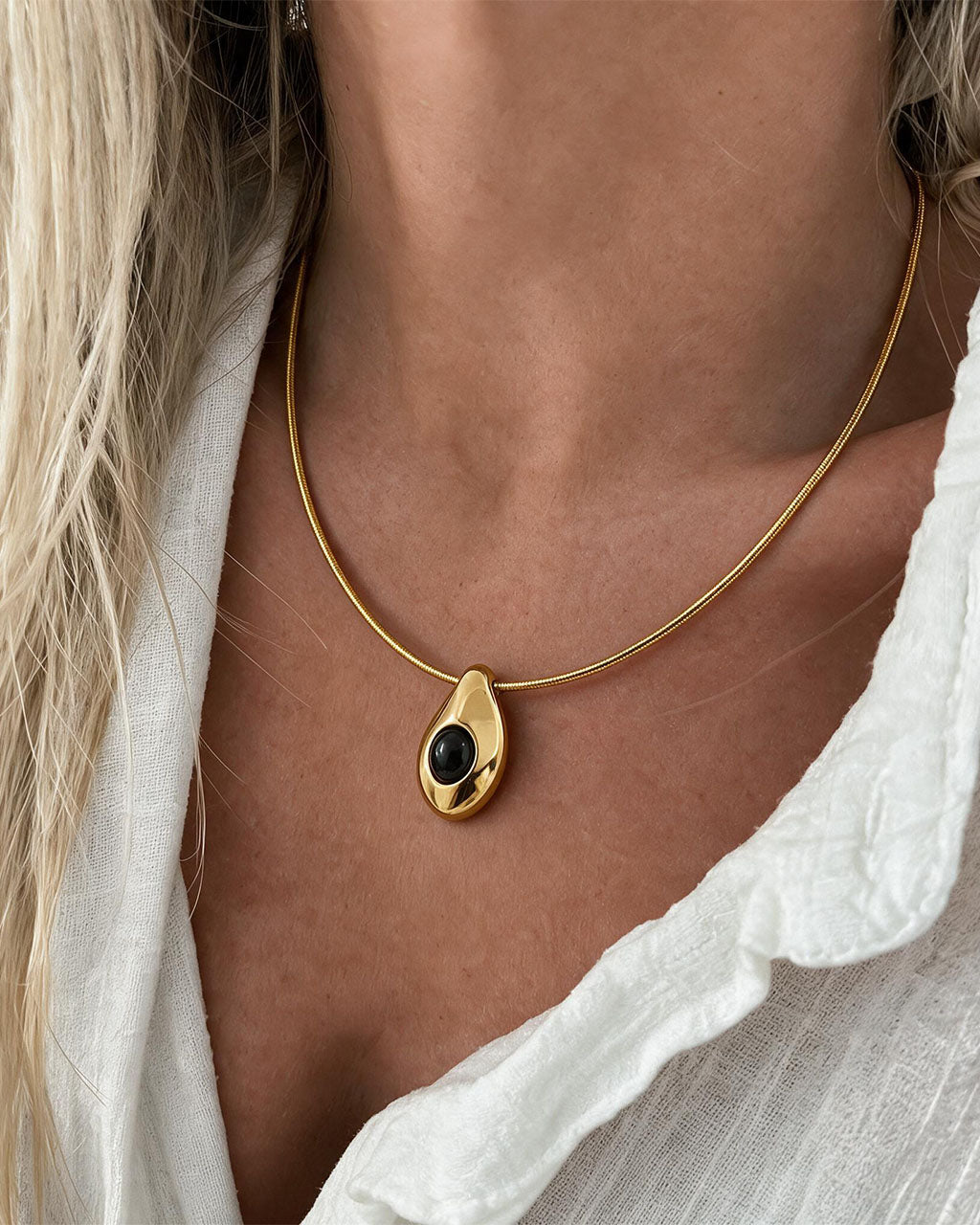 Black Onyx Snake Herringbone Waterproof Gold Necklace