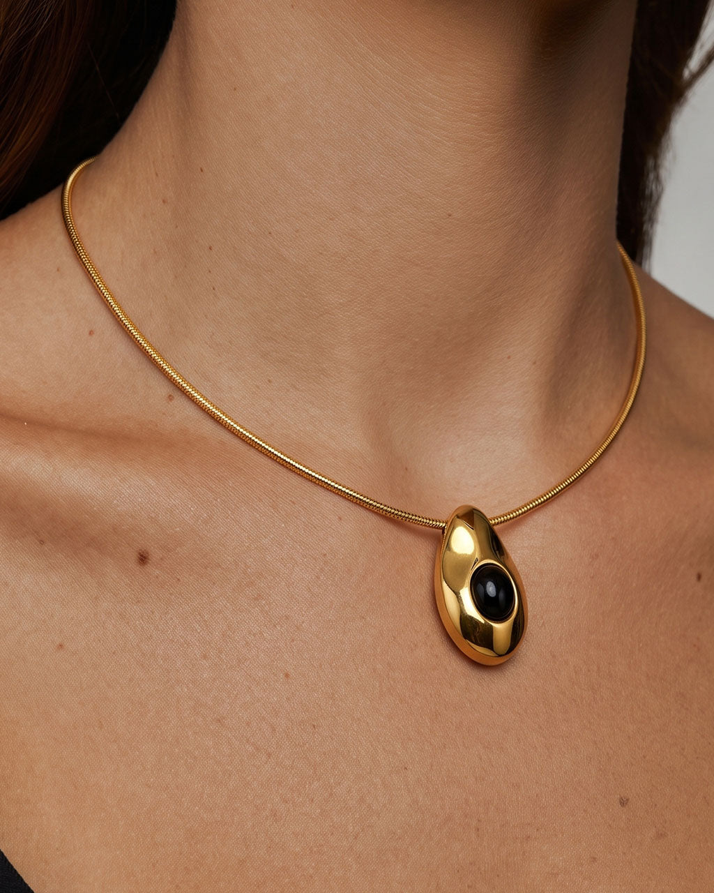 Black Onyx Snake Herringbone Waterproof Gold Necklace