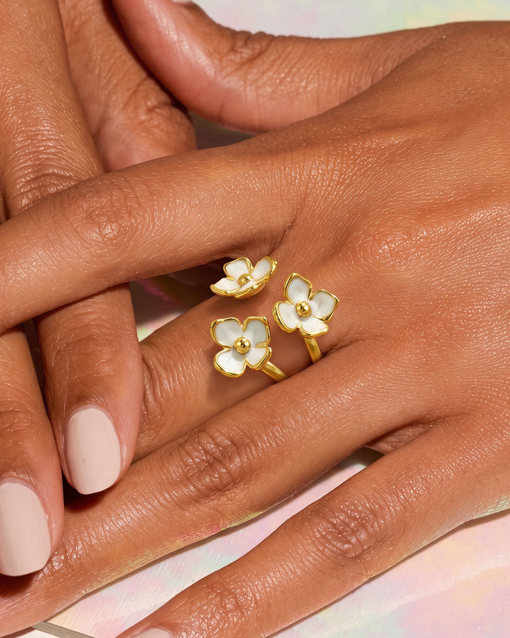 Bloom Triple Enamel Flower Open Waterproof Gold Ring