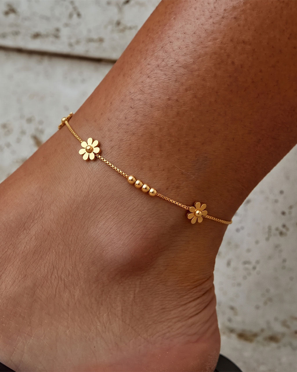 Blooming Daisy Flower Beaded Waterproof Gold Anklet