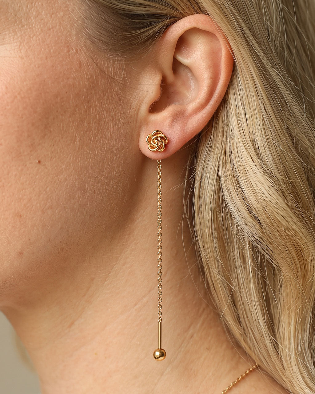 Blooming Rose Flower Threader Waterproof Gold Earrings