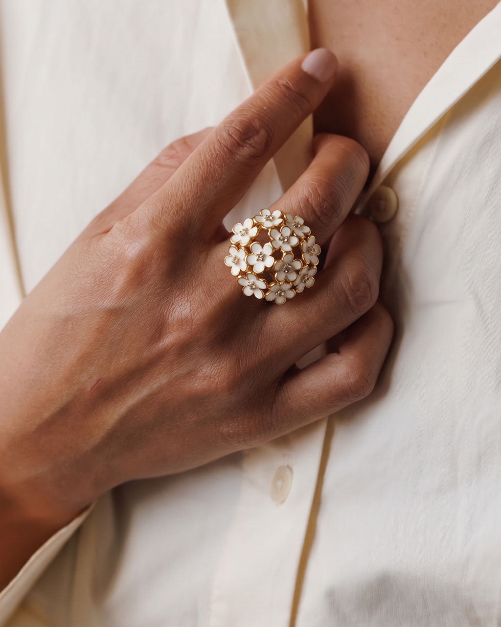 Boho Chic Enamel Floral Bouquet Waterproof Gold Ring