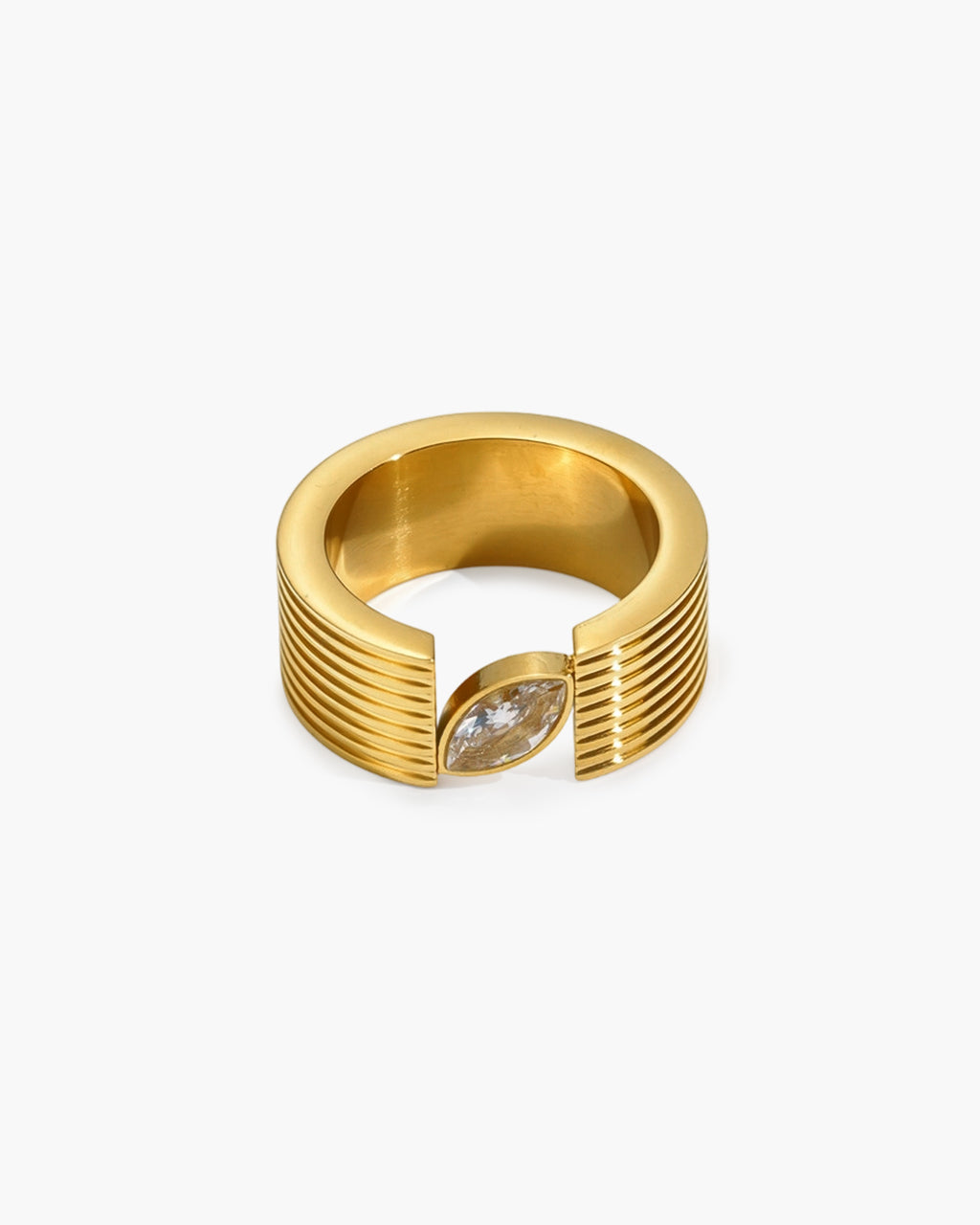 Bold Marquise Ribbed Wide Band Waterproof Gold Ring