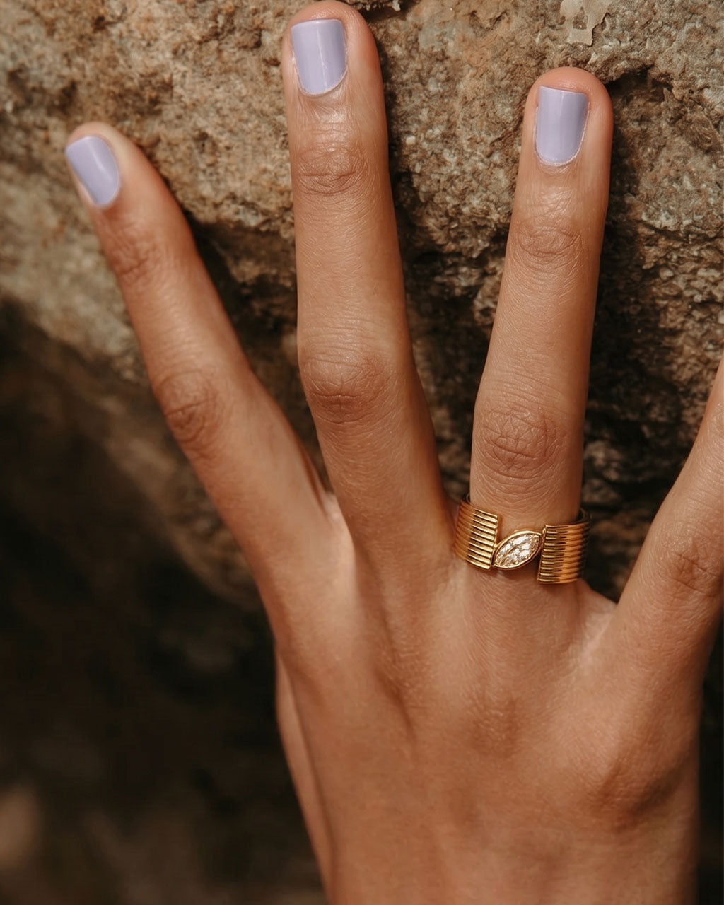 Bold Marquise Ribbed Wide Band Waterproof Gold Ring