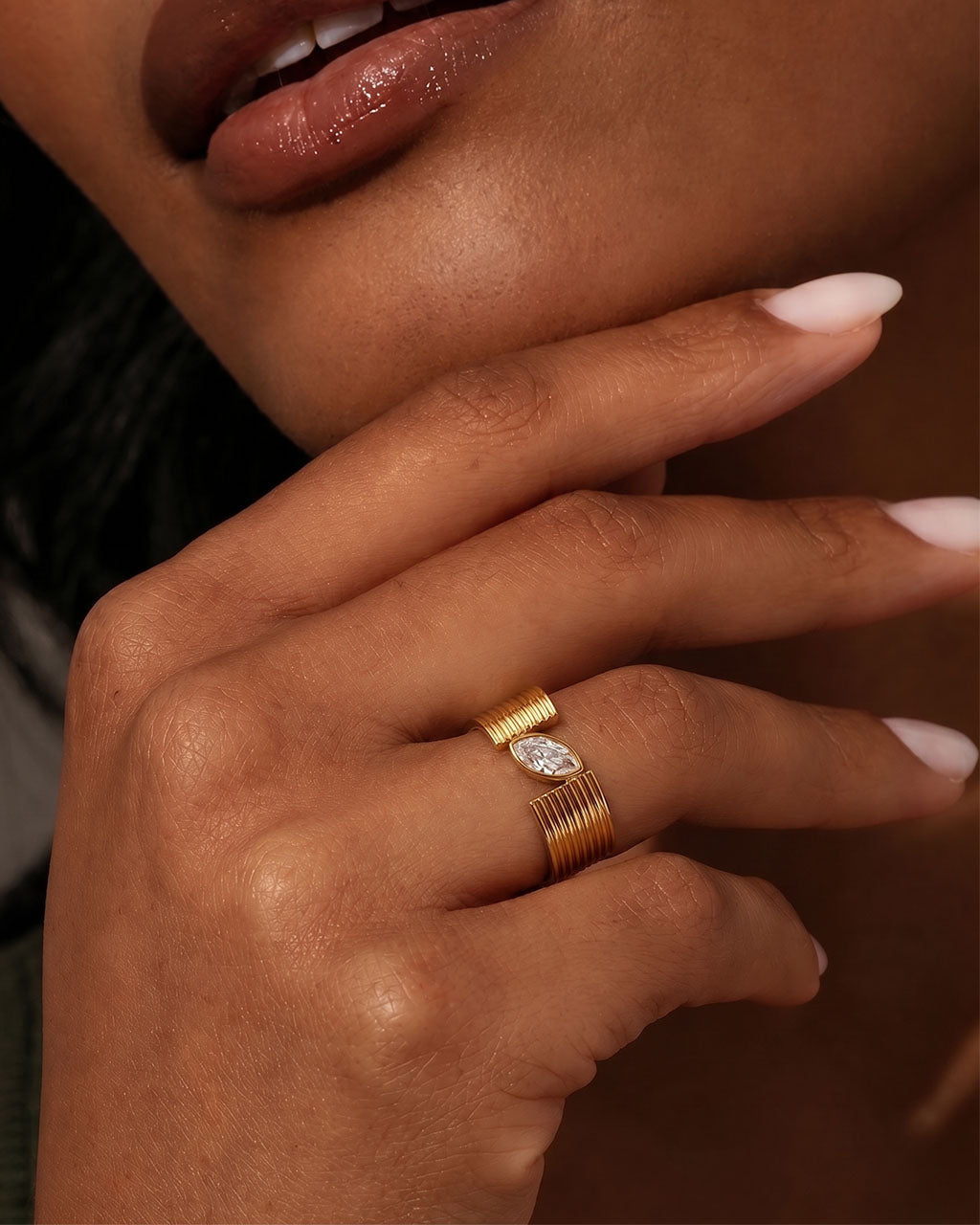 Bold Marquise Ribbed Wide Band Waterproof Gold Ring