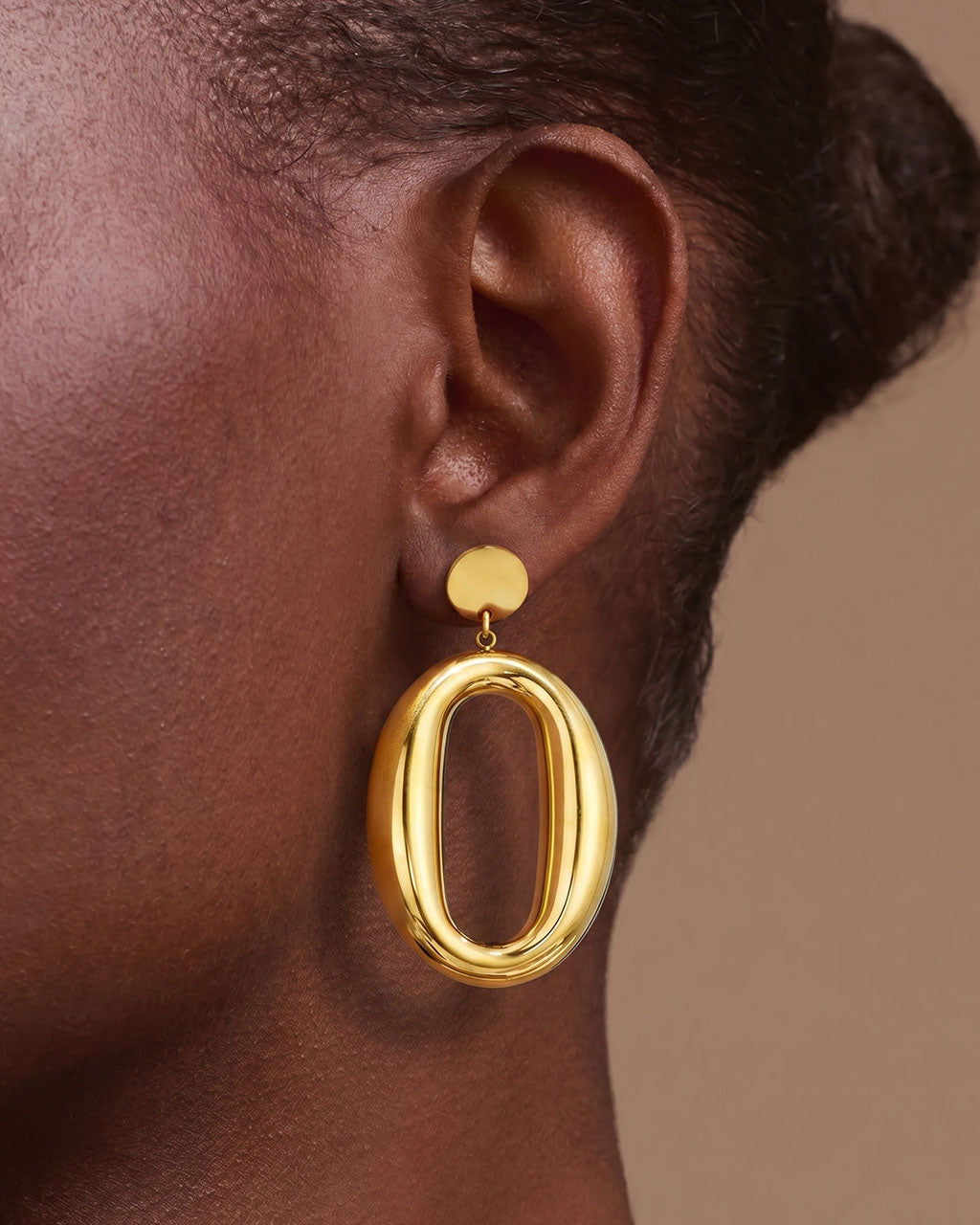 Bold Open Oval Drop Stud Waterproof Gold Earrings